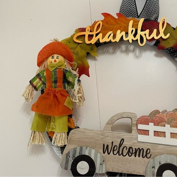 Wreath Handmade Fall Autumn Harvest Thankful Scarecrow - Picture 3 of 7